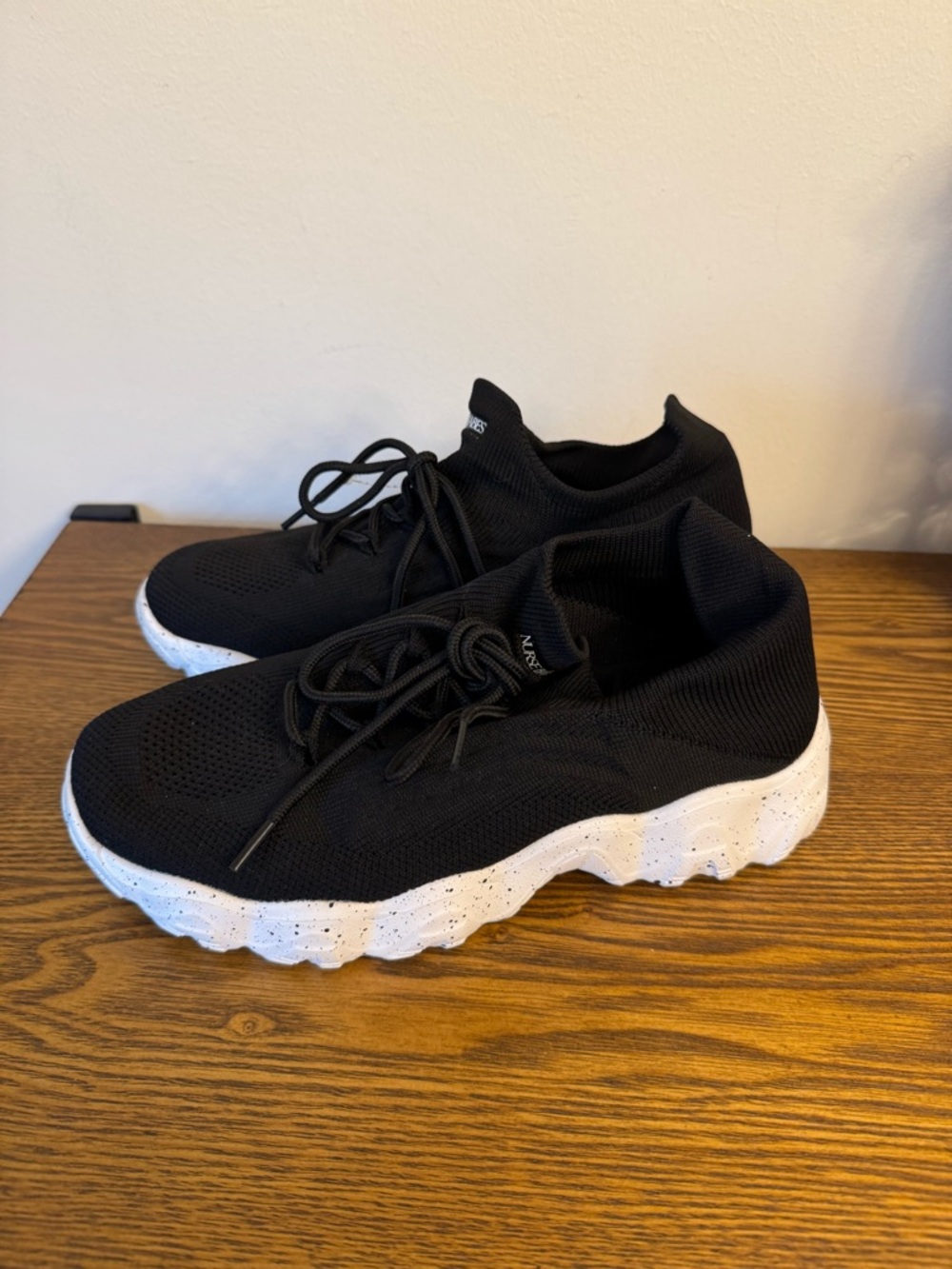 Women’s Black Knit Lace-Up Sneakers with Speckled White Sole